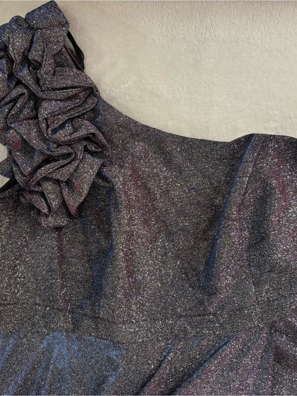 Xscape Girls One-Shoulder Sparkle Dress in Black with Pink & Blue Streaks - Picture 6 of 7